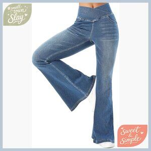 High Waisted Stretchy Flare Jeans Pull On Wide Leg Pants with Pockets